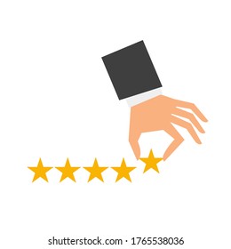 Hand of businessman putting five star shape. The best excellent business service rating customer experiance concept. Flat cartoon style vector illustration isolated on white background
