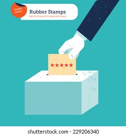 Hand of a businessman putting a five star voting ballot in a slot ballot box. Vector illustration Eps10 file. Global colors. Text and Texture in separate layers.