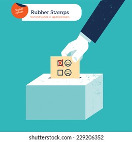 Hand of a businessman putting a smiley voting ballot in a slot ballot box. Vector illustration Eps10 file. Global colors. Text and Texture in separate layers.