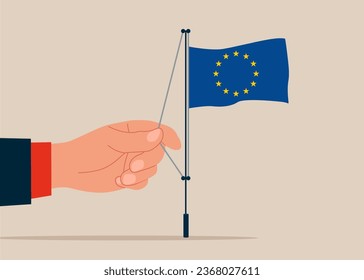 Hand businessman raising waving flag of European Union. Flat Vector illustration.