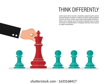 hand businessman red queen and pawn chess. Think differently concept. chess standing out from the crowd. Leadership business. vector illustration modern flat design.