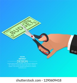The hand of the businessman scissors dollar notes.Concept of reduction of the budget. Economy of money.3D. Isometry. Elements for design. Vector illustration.