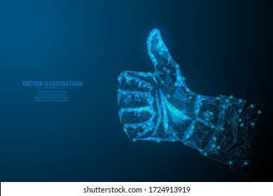 Hand of a businessman showing thumbs up close up. Concept business startup, education, leaders, idea. Innovative medicine and technology. 3d low poly wireframe model isolated vector illustration.