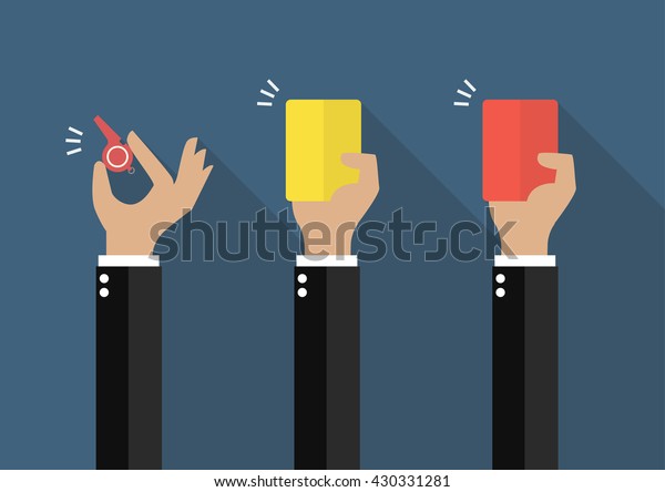Hand of businessman showing a whistle,\
yellow card and red card. Vector\
illustration