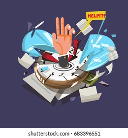 hand of businessman sinking into the broken clock or time with document and office tools. workaholic concept. work hard - vector illustration