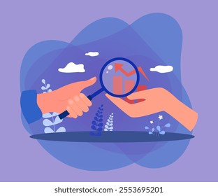 Hand of businessman studying statistics with magnifying glass. Hand holding business chart flat vector illustration. Marketing, business growth or development concept for banner or landing page