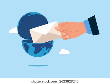 Hand businessman takes out an envelope with a notification from an open globe. Flat vector illustration