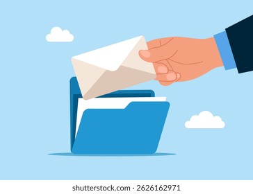 Hand businessman takes out an envelope with a notification from an open folder. Working using modern technology, web protection. Flat vector illustration