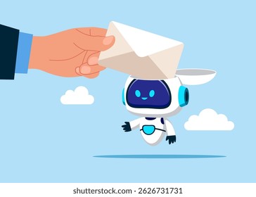 Hand businessman takes out an envelope with a notification from an open robot head. Send email newsletter online. Email marketing campaign. Flat vector illustration