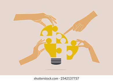 Hand businessman team members partner connect lightbulb jigsaw puzzle together. concepet of Teamwork or partnership for business success, innovation or creativity to solve problem, brainstorm