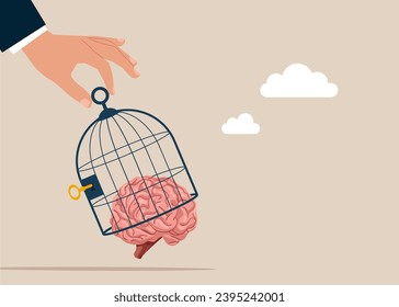 Hand businessman try bring cerebrum out from cage. Idea freedom and business. Modern vector illustration in flat style