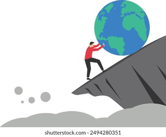 Hand businessman try hard to push the globe from falling off a cliff. Global economic risks. Vector illustration

