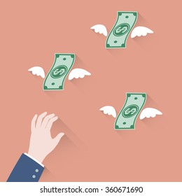 Hand businessman trying to grab Money Flying Away vector