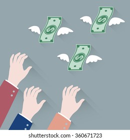 Hand Businessman Trying To Grab Money Flying Away Vector