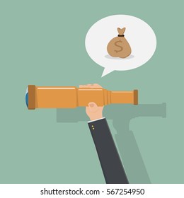 hand of businessman use telescope to find money,business concept,flat design,vector eps10.