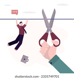 Hand of businessman uses scissors and cutting rope with hanging employee. Betrayal fake friend, envy colleague or partner. Dismissal, layoff of office worker man. Staff reduction. vector illustration