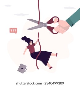 Hand of businessman uses scissors and cutting rope with hanging employee. Betrayal fake friend, envy colleague or partner. Dismissal, layoff of office worker man. Staff reduction. vector illustration