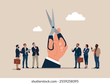 Hand of businessman uses scissors trying to cut off troublesome human relationships. Flat vector illustration. 