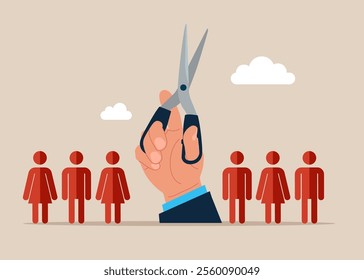 Hand of businessman uses scissors trying to cut off troublesome human relationships. Flat vector illustration. 