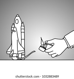 hand of businessman using lighter to start the rocket vector illustration doodle sketch hand drawn with black lines isolated on gray background. startup business concept. 