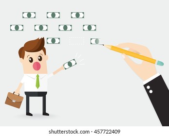 hand of businessman using a pencil draw bank note doodle. keeping support employees motivated and make a dream come true