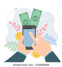 Hand of businessman using smartphone with money, coin money and ecommerce icons.