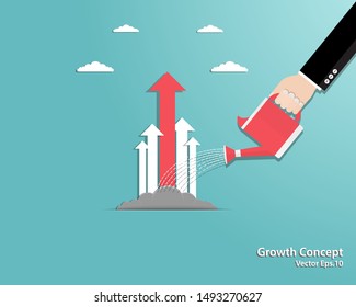 Hand businessman watering arrow. Growth concept. Startup and Business, Achievement, Vector illustration flat