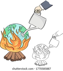 hand of businessman watering fire on earth vector illustration sketch doodle hand drawn with black lines isolated on white background. Ecology concept.