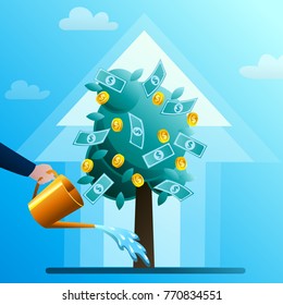 The hand of businessman waters a monetary tree. The person invests in the business. Successful start-up. Concept of business situation. Flat design vector illustration clip art.