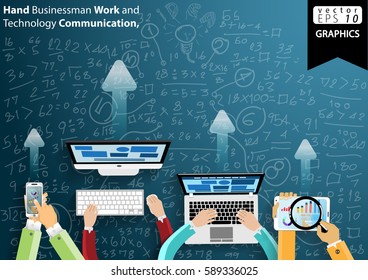 Hand Businessman Work and Technology Communication, Background Calculate numbers modern design Idea and Concept Vector illustration with Earth,Computer, Cellphone, Tablet, Laptop,arrow, icon.