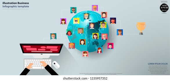 Hand Businessman  working with Computer,People various, Social Network Technology,Contact communicate,app icon,Earth,Trophy For success,Infographic template.