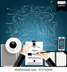 Hand Businessman Working Success Modern Idea and Concept Vector illustration  with Coffee cups, pens, notebooks, papers,Lined pattern,graph,arrow,icon.
