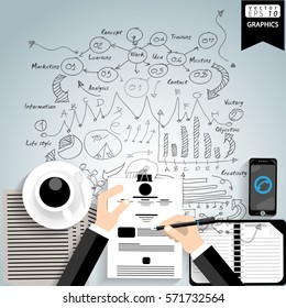 Hand Businessman Working Success Modern Idea and Concept Vector illustration  with Coffee cups, pens, notebooks, papers,Lined pattern,graph,arrow,icon.
