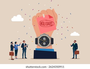 Homem de negócios de mão com relógio de pulso. Empresários com alegria para celebrar longas férias ou férias. Ilustração vetorial moderna plana. 