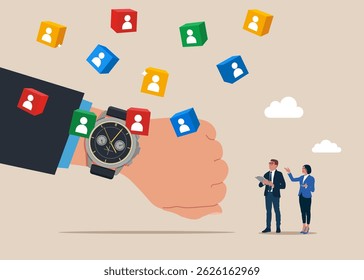 Hand businessman with wrist watch and employees or investors out of row of cubes. The recruiter selects the team. Employee recruitment. Value increases over time. Flat vector illustration