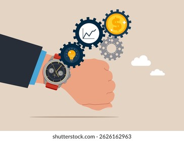 Empresário de mão com relógio de pulso e esforço total dentro engrenagens engrenagem para girar engrenagens de tempo e dinheiro. Esforço e tempo para ganhar dinheiro, sucesso de investimento a longo prazo, efeito de prazo para fazer as pessoas terminarem o trabalho