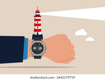 Hand businessman with wrist watch with lighthouse. World economic vision for business, technology or investment. Value increases over time. Vector illustration 