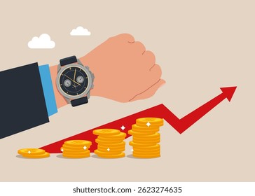 Homem de negócios de mão com relógio de pulso. Investimento rentável e aumento dos lucros. Ideia de negócio. Ilustração vetorial moderna em estilo plano.