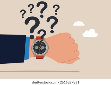 Hand businessman with wrist watch with question marks. Thinking of who what where when why and how. Asking questions for solution to so. Flat vector illustration