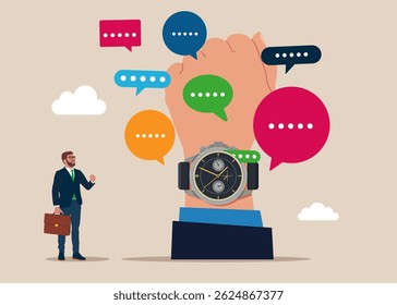Empresário de mão com relógio de pulso com bolhas de fala. Discussão, conversa, reunião, comunicação em equipe. O valor aumenta com o tempo. Ilustração vetorial moderna em estilo plano.