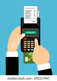 Hand of businessmen enters a pin code for a Bank card payment on pos terminal with approved on screen. Vector illustration in flat style