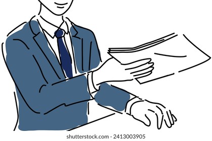 At hand of a businessperson handing over documents hand drawing illustration