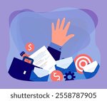 Hand of busy employee coming out of pile of paperwork. Overworked worker under emails and documents flat vector illustration. Time management, organization, stress concept for banner, website design