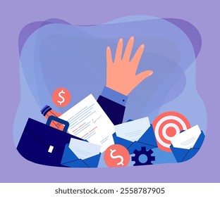 Hand of busy employee coming out of pile of paperwork. Overworked worker under emails and documents flat vector illustration. Time management, organization, stress concept for banner, website design