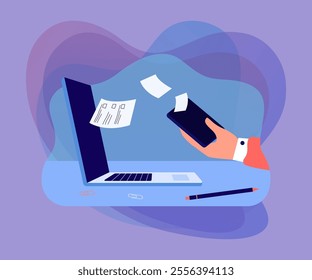 Hand of busy office worker holding phone in front of laptop. Sheets of paper or stickers with checklists or to-do lists flat vector illustration. Time management, organization concept for banner