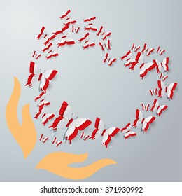 Hand with  butterflies flying. freedom concept , nature background
