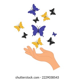 Hand and butterflis vector illustration isolated on white background