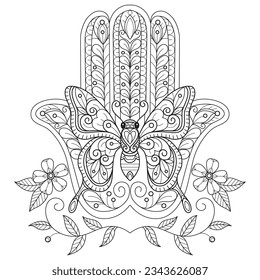 Hand  and butterfly hand drawn for adult coloring book