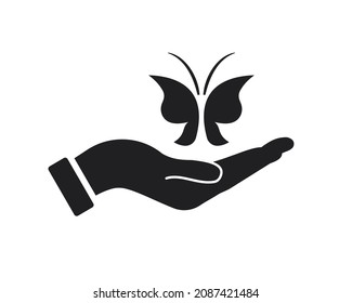 Diseño del logo de la mariposa de mano. Logo del Spa con vector de concepto de mano. Diseño del logotipo de la mano y la mariposa