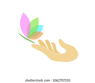 Hand and Butterfly. Logo of freedom. vector illustration. Human and nature.